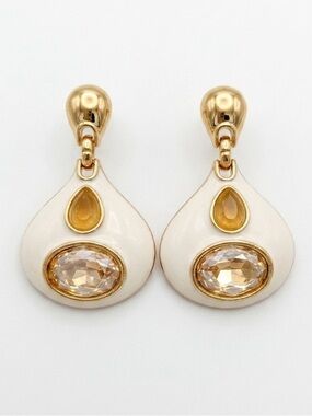 RARE Honey Gold Austrian Crystal White Enamel Drop Earrings - Limited Edition